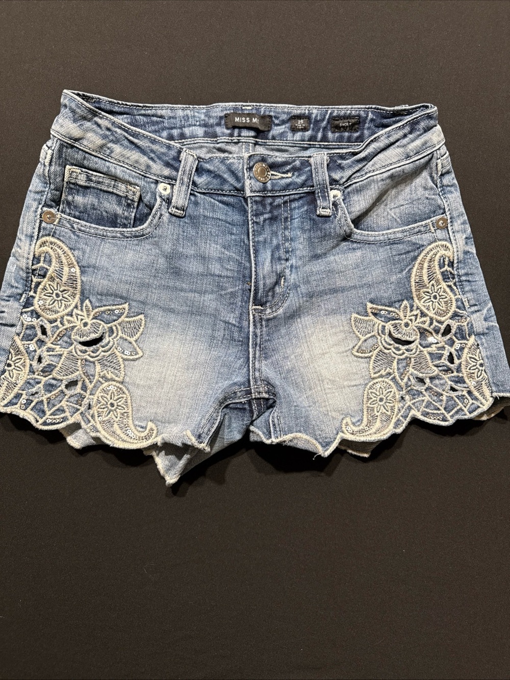 Miss Me Faded Blue Denim Shorts with Cream Lace Appliqué